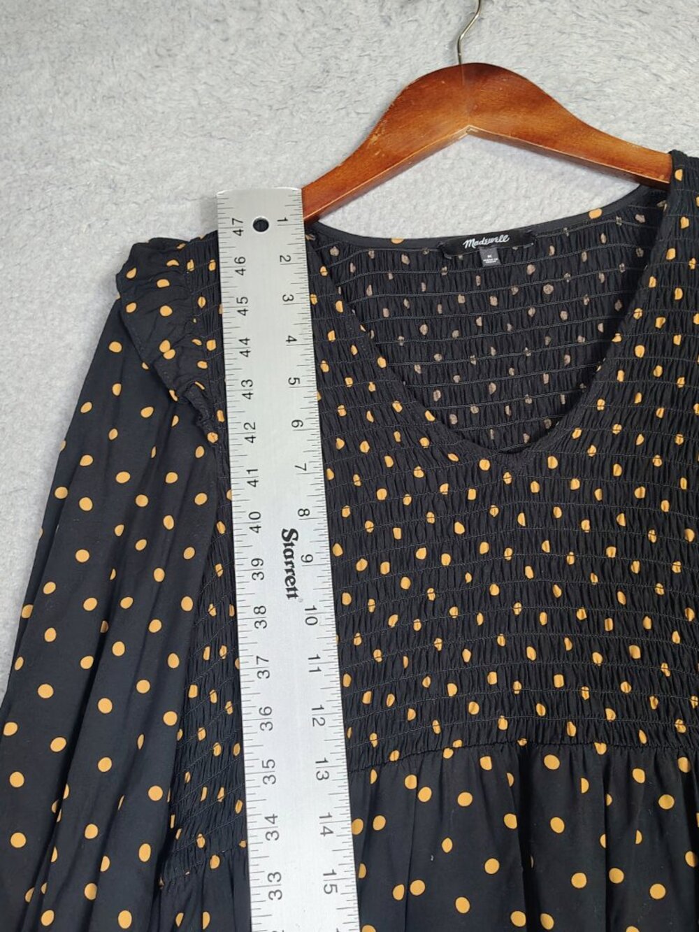 Madewell Mini Dress Women Medium Black Oval Dot Smocked Lucie V-Neck Puff Sleeve - Picture 8 of 11